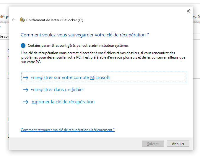 Fenêtre de sauvegarde de la clé de récupération.