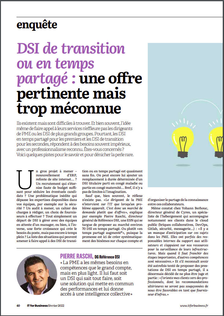 Enquête article IT for Business N°2269 de février 202 page 40 - DSI de transition ou en temps partagé