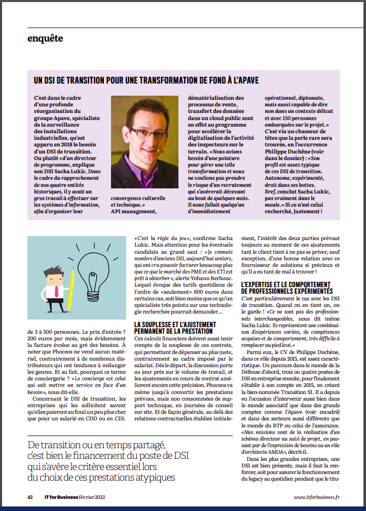 Enquête article IT for Business N°2269 de février 202 page 42 - DSI de transition ou en temps partagé