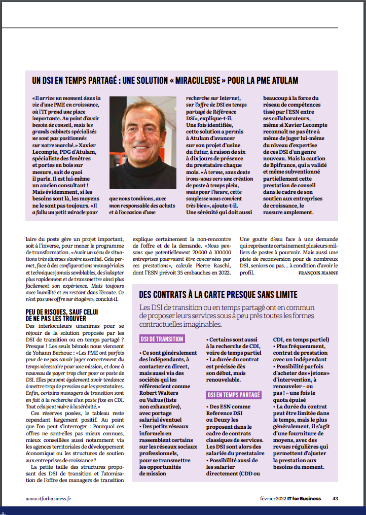 Enquête article IT for Business N°2269 de février 202 page 43 - DSI de transition ou en temps partagé