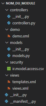 Capture d'écran d'un squelette de module Odoo