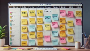 Tableau numérique Agile Scrum divisé en colonnes 'To Do,' 'In Progress,' 'Review,' et 'Done,' avec des post-its colorés représentant les tâches."