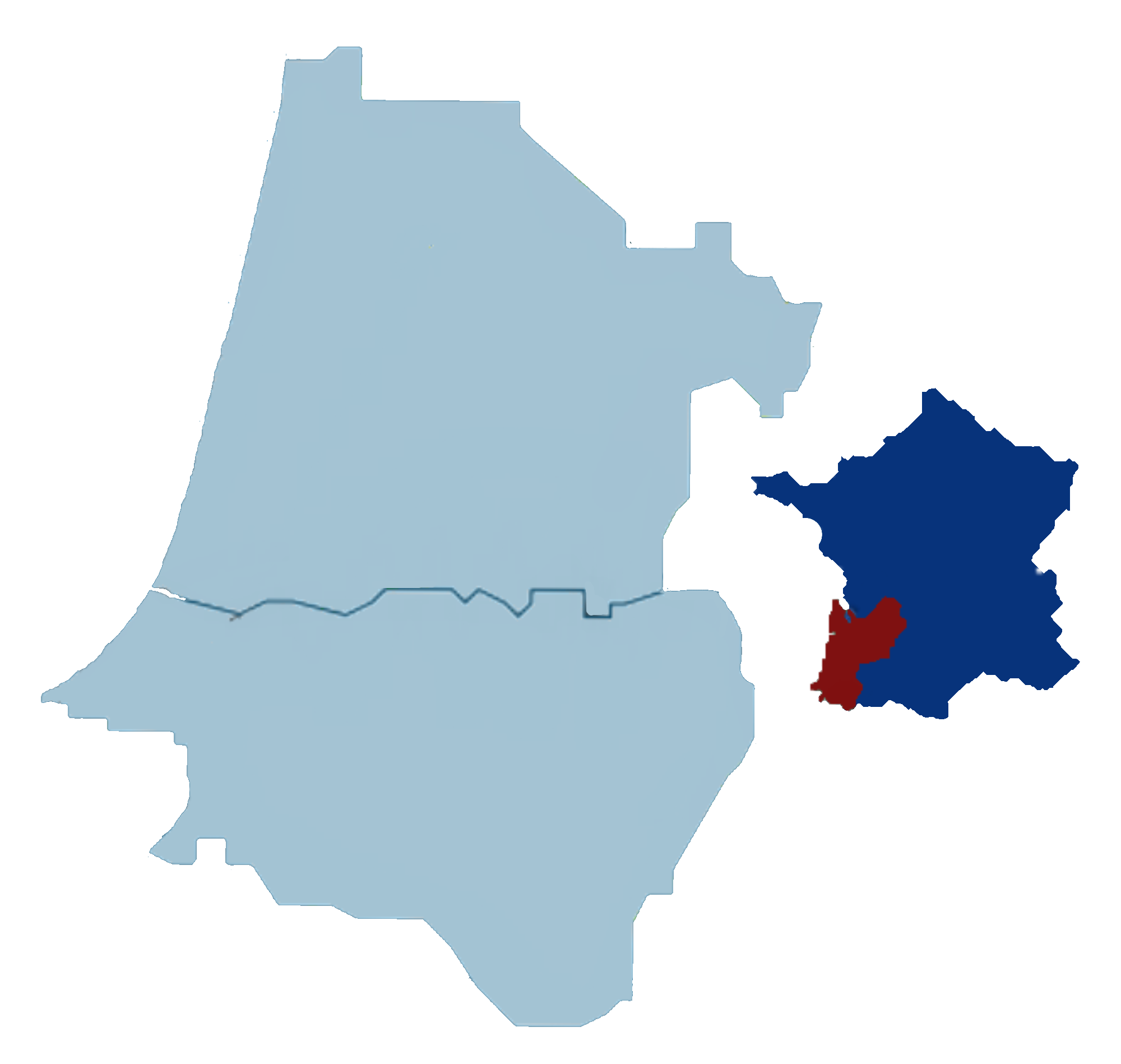 Carte des territoires du Pays basque, du Béarn et des Landes dans le sud-ouest de la France, avec leur position sur la carte nationale