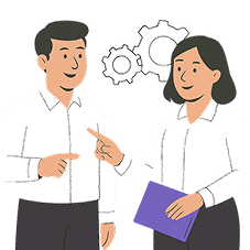 Illustration de deux conseillers IT échangeant sur un projet, avec des engrenages symbolisant les solutions techniques en arrière-plan
