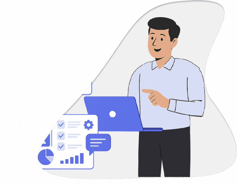 Illustration d’un consultant en informatique devant un ordinateur portable, présentant des graphiques et indicateurs de performance