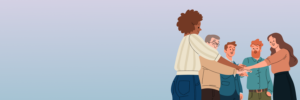 illustration d’un groupe collaboratif unissant leurs mains, représentant l’esprit d’équipe et le partage autour du guide à télécharger.