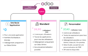 Comparatif des trois offres Odoo 2025 : Application unique gratuite, Standard à 24,90 €, Personnalisée à 37,40 € par utilisateur.