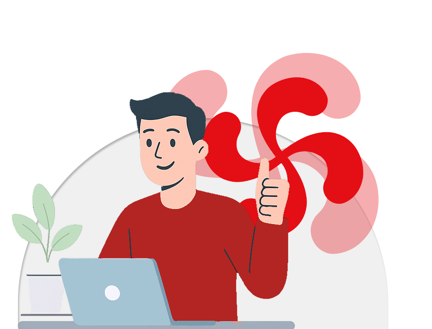 Illustration d’un homme souriant devant un ordinateur avec un pouce levé, en arrière-plan le symbole rouge de la Côte Basque